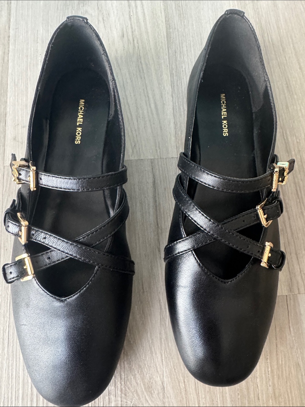 Michael Kors Black Triple-Strap Mary Jane Flats with Gold Buckles